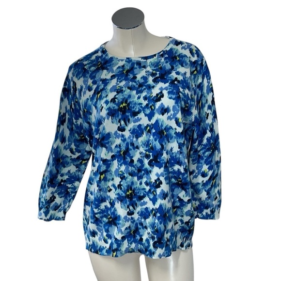 LANDS' END Blue Floral Supima Cotton Crewneck Sweater 3/4 Sleeve Women's XL - Picture 4 of 16